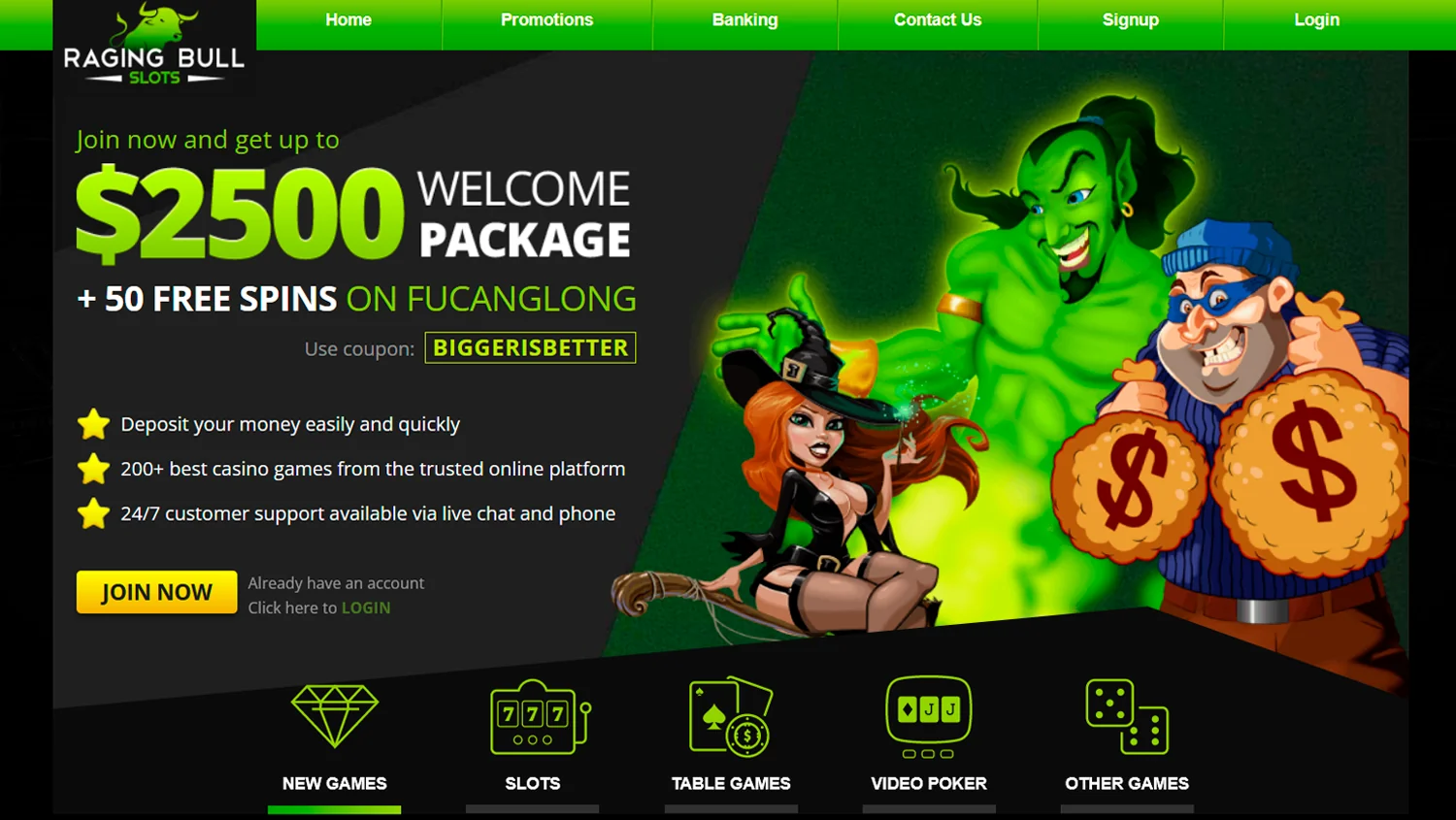 Raging Bull Casino Home page with bonus offer and game categories