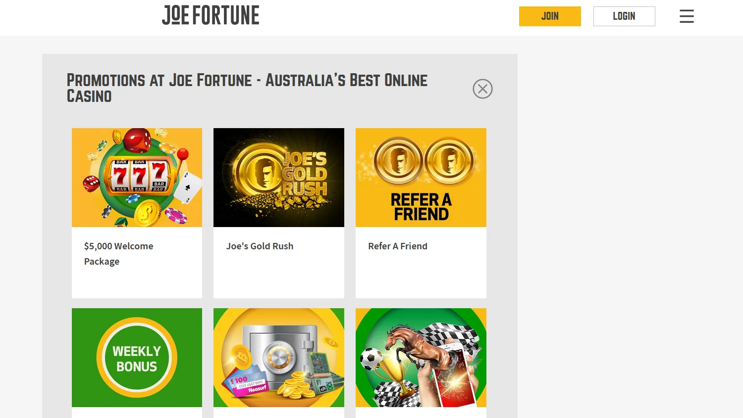 Joe Fortune casino screenshot of bonuses