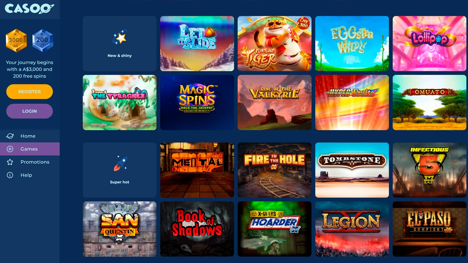 Screenshot of games on Casoo website