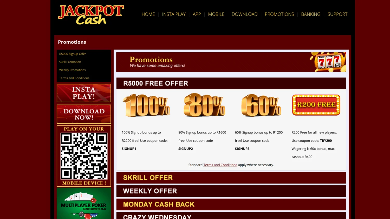 Bonus page on Jackpot Cash Casino