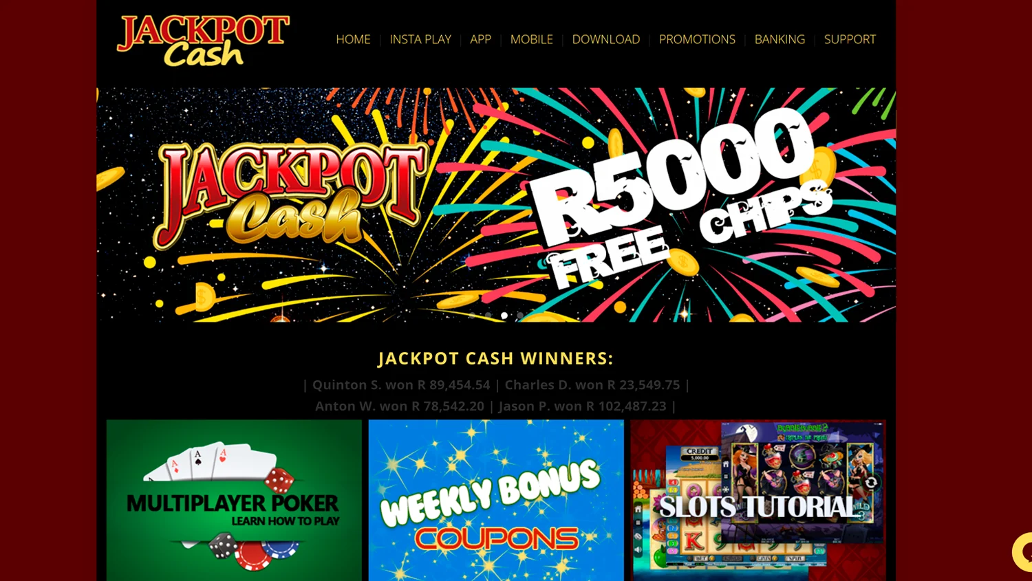 Jackpot Cash Casino main page screenshot