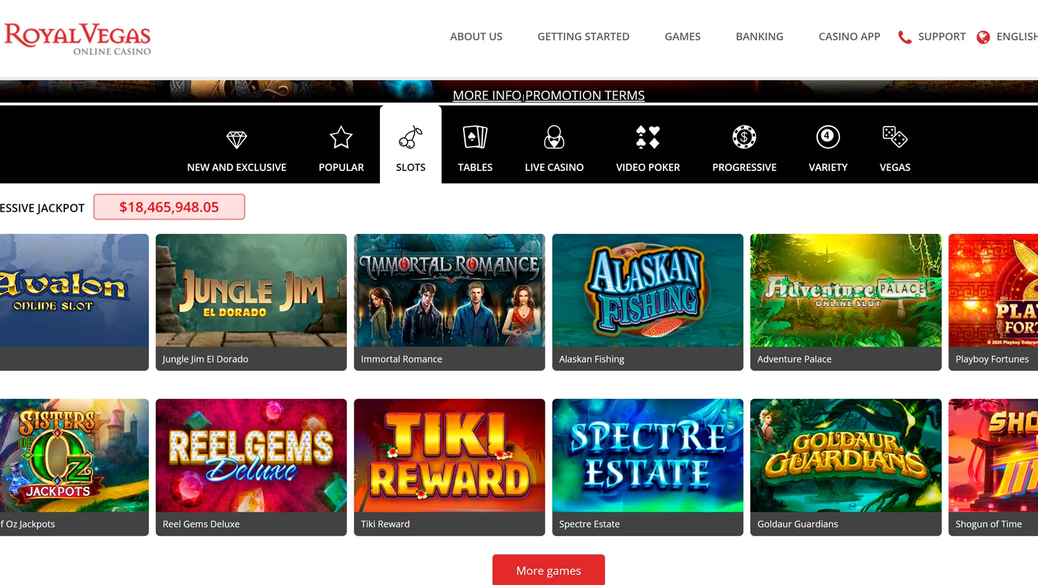 Screenshot of Real Money Games page on Royal Vegas Casino site