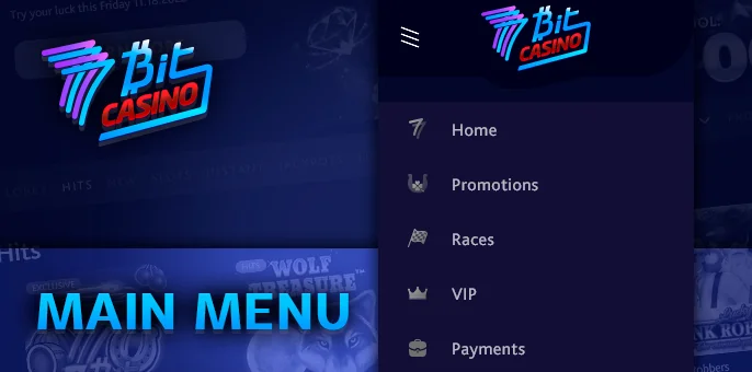 Navigating the site 7 bit casino - main site menu