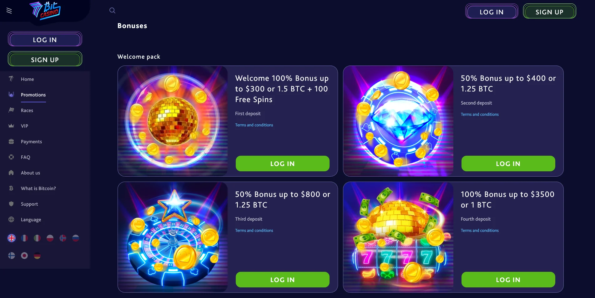 Screenshot of the 7Bit Casino Bonuses page