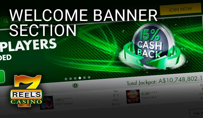 Welcome banner on the site 7Reels Casino and authorization buttons