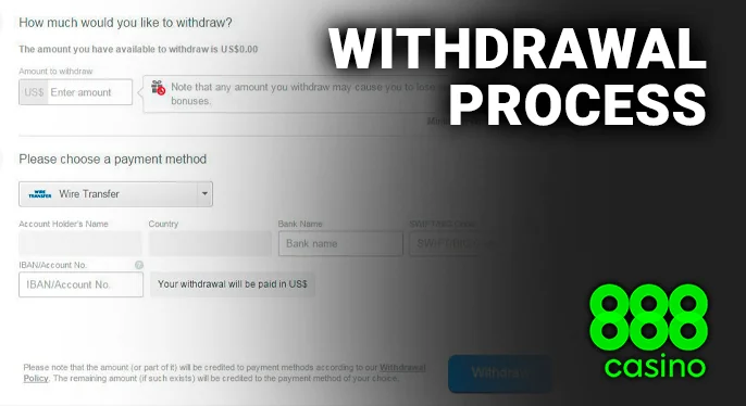 Withdrawal form at 888 Casino