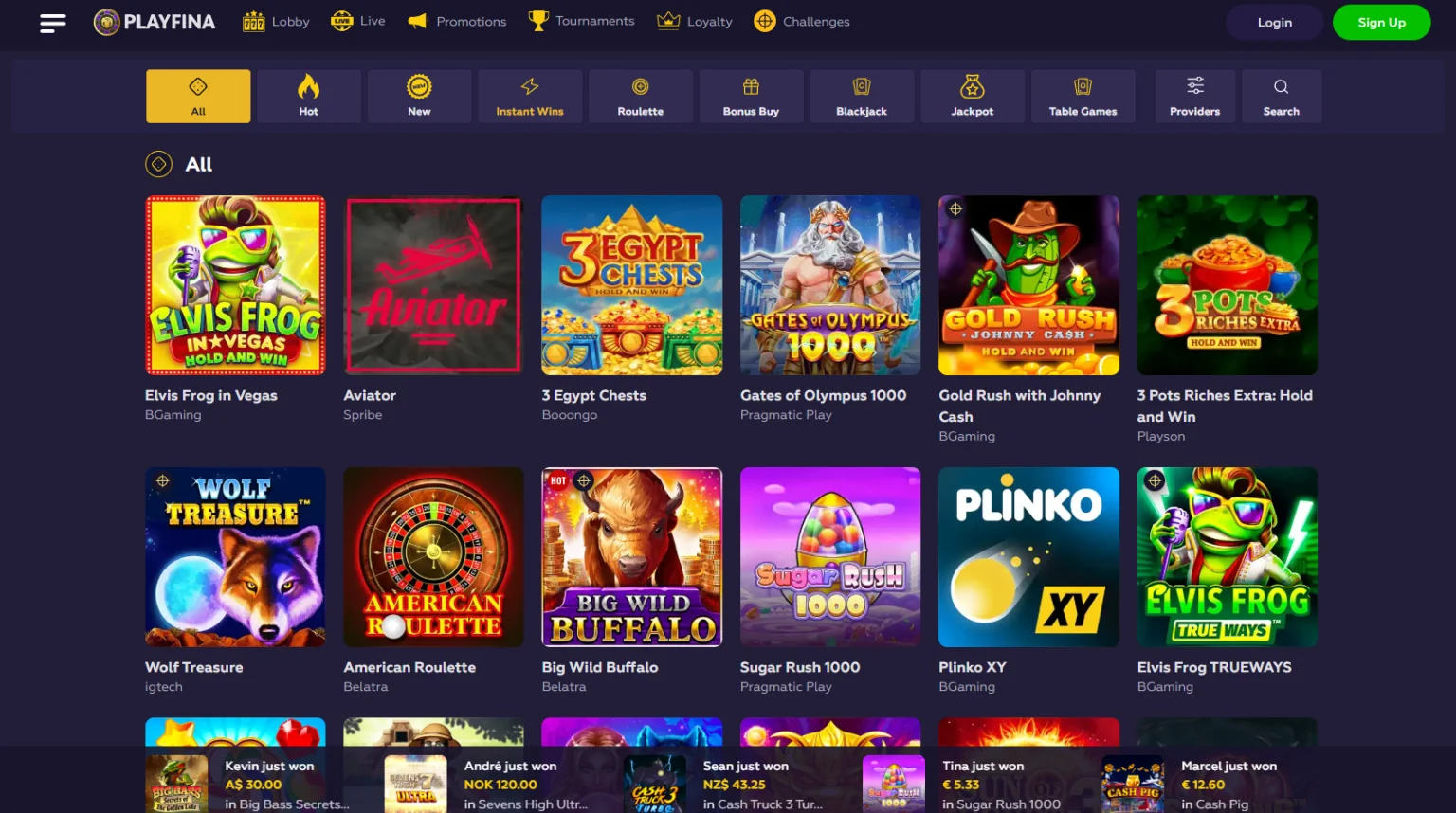 Screenshot of the real money casino lobby at Playfina Casino