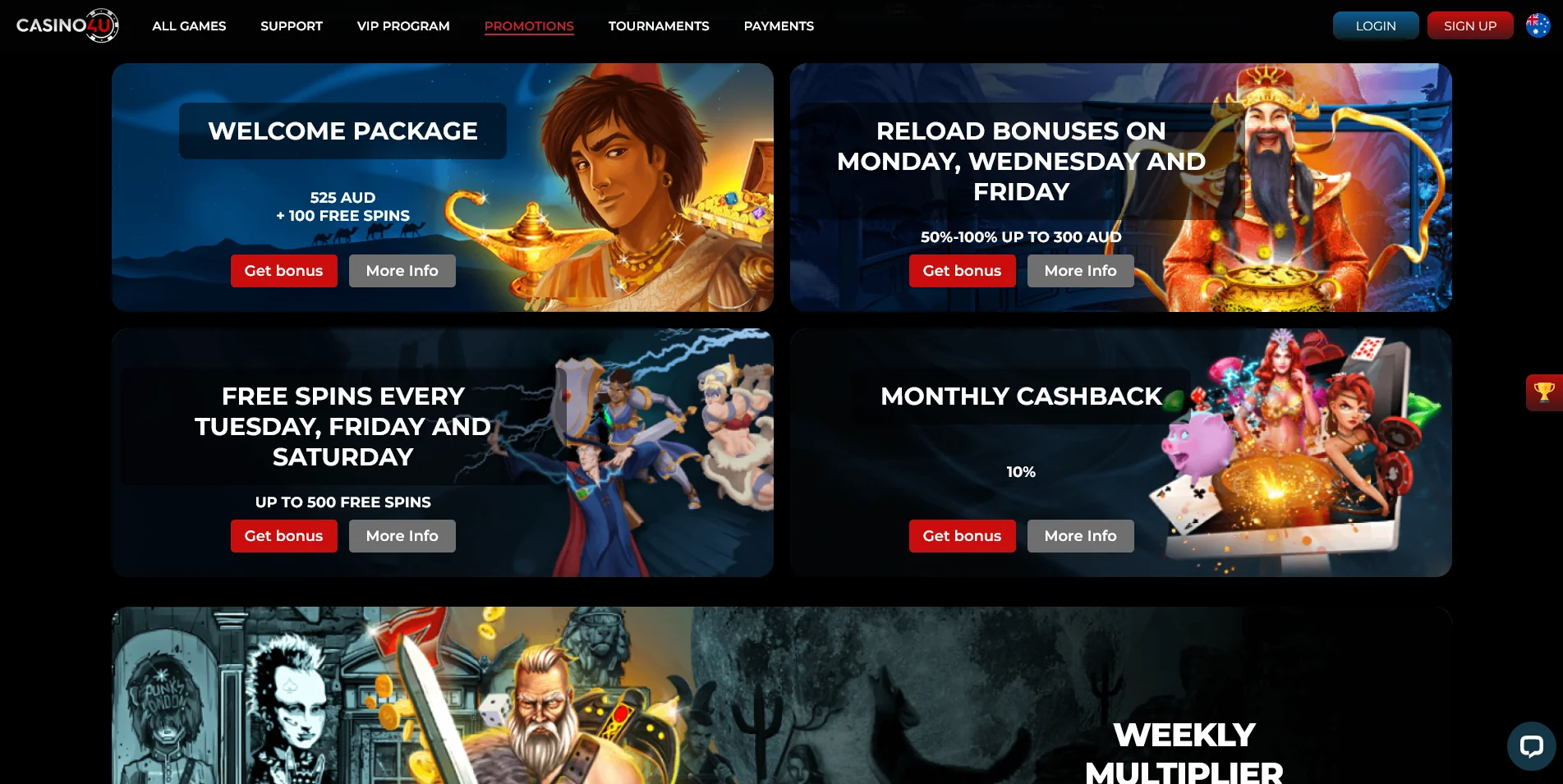 Screenshot of Promotions category on Casino4u casino