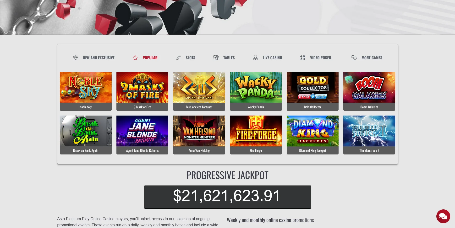 Screenshot of the gambling section at Platinum Play Real Money Casino