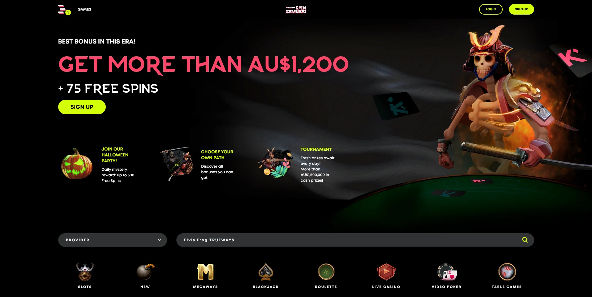 Screenshot of the Spin Samurai Casino home page