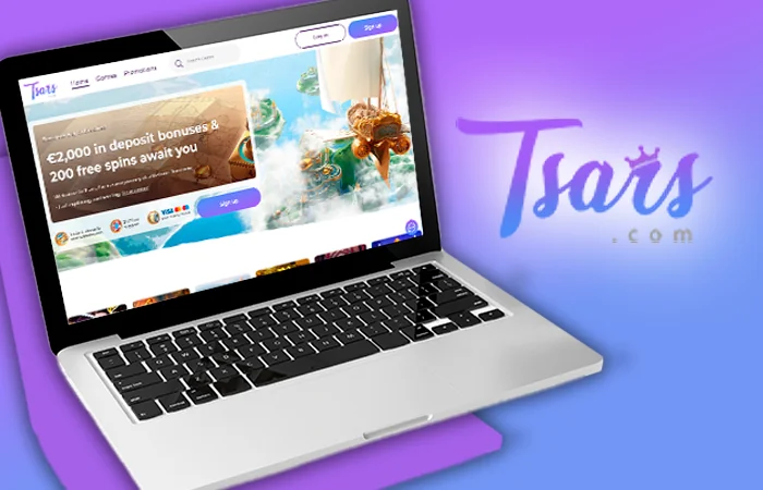 The main page of the Tsars casino opened on the laptop