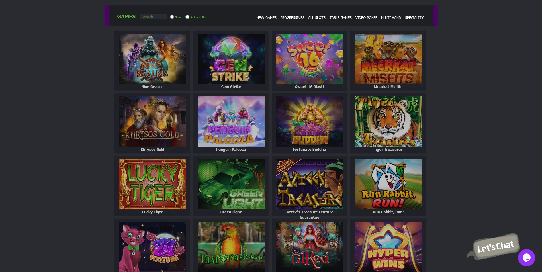 Screenshot of Game Section Page on White Lotus Casino site