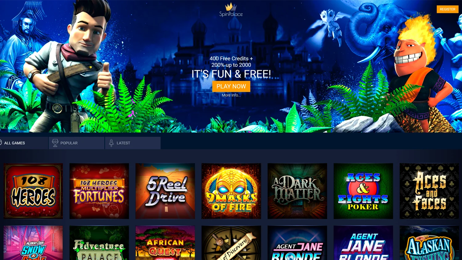 Main page on Spin Palace Casino site