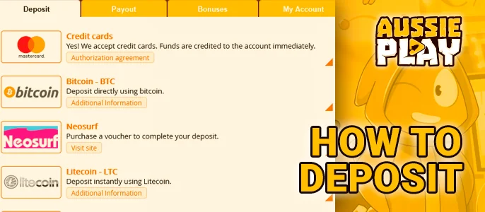 Deposit money to Aussie Play Casino account in AUD currency