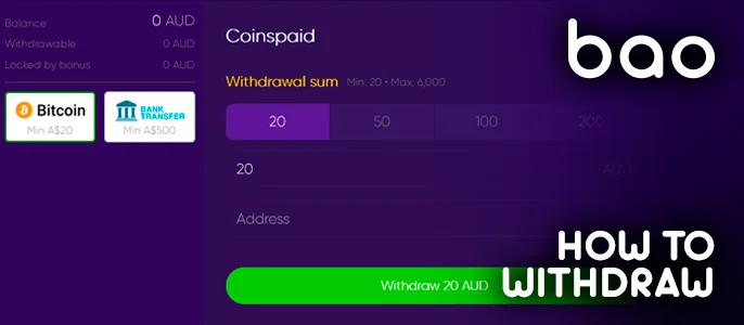 Form of withdrawal to Bao Casino using payment systems