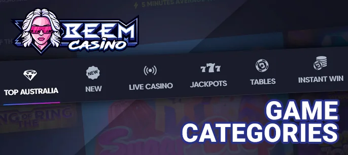 Beem Casino gambling categories - providers and number of games