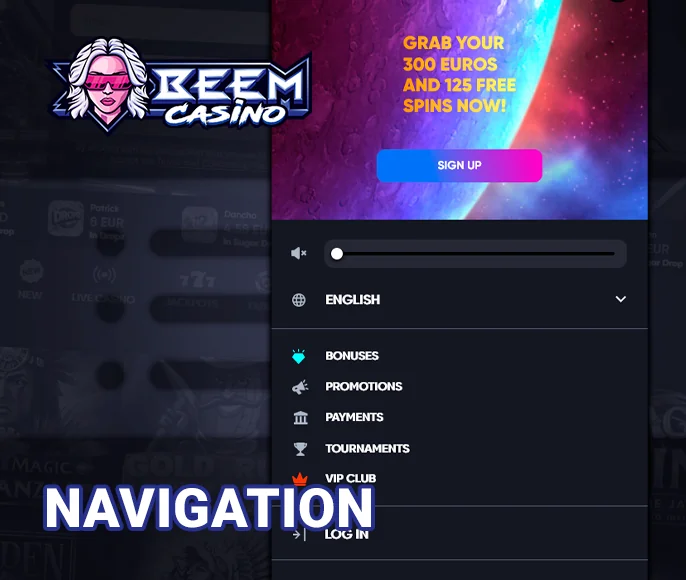 Beem Casino project main menu with site navigation