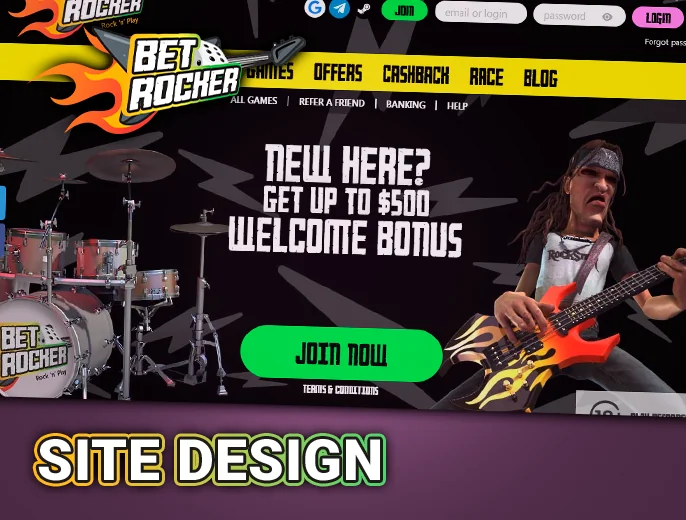 The Betrocker Casino site appearance - menu, bonus banners and gambling section