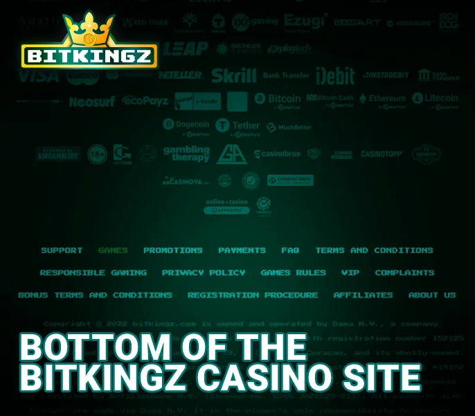 The bottom of the Bitkingz Casino website with important links and logos of software providers