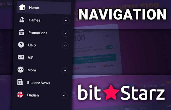 BitStarz Casino website menu with important links - site navigation