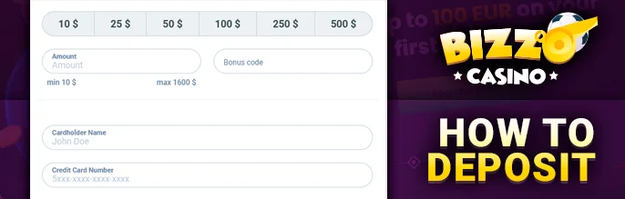 Bizzo Casino account replenishment form - step by step instructions
