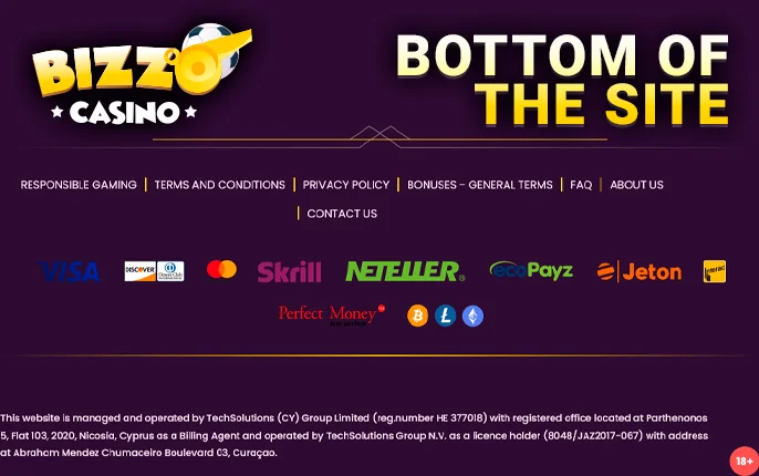 Bottom of Bizzo Casino website with important links and logos of payment systems