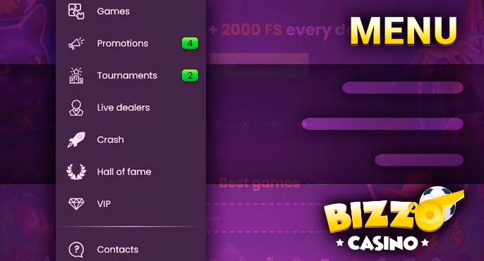 Side menu on Bizzo Casino website with important links for users