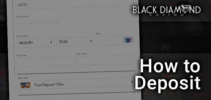 Black Diamond Casino deposit form in AUD currency