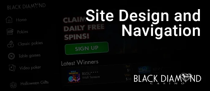 Black Diamond Casino site design with site navigation