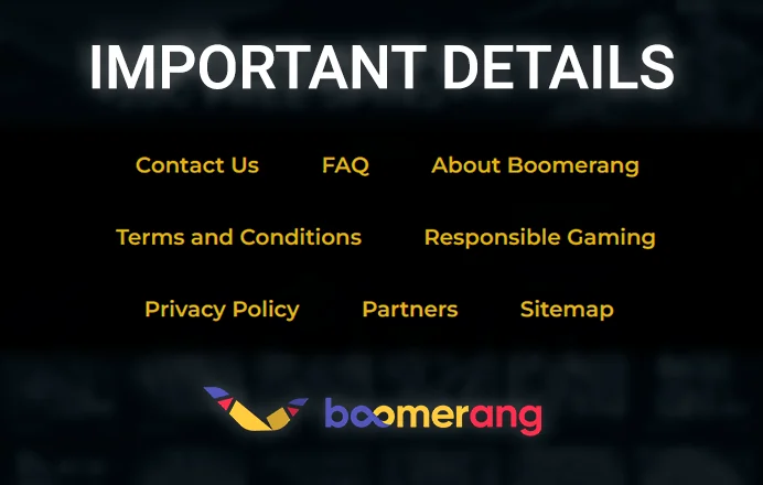 Menu with important links to Boomerang Casino