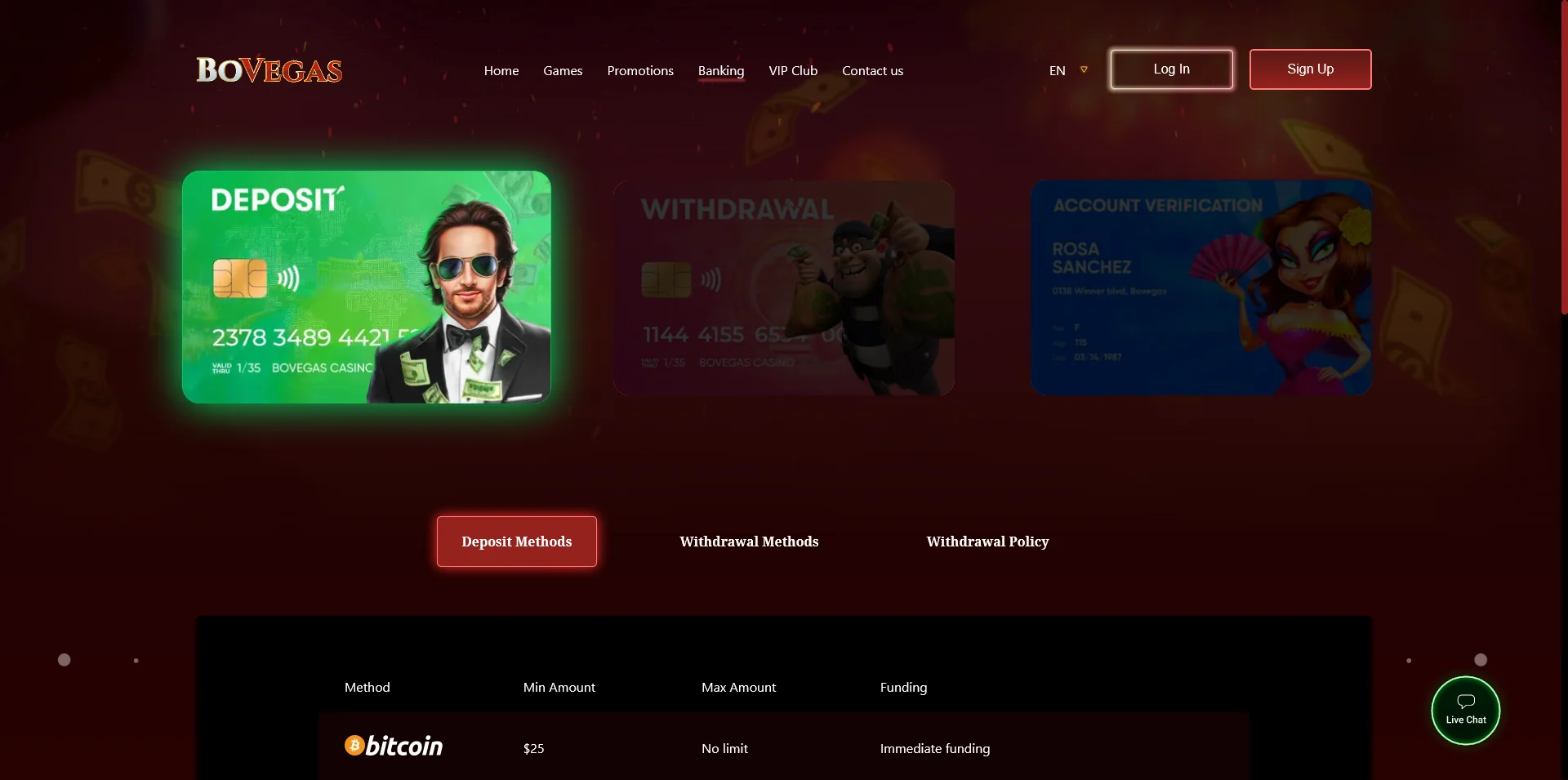 Screenshot of the BoVegas Casino Banking info page