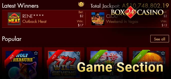 Gaming section on the site Box24 casino with an indication of the latest winners