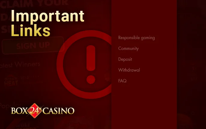 Important links in the site menu Box24 casino - useful links for casino players