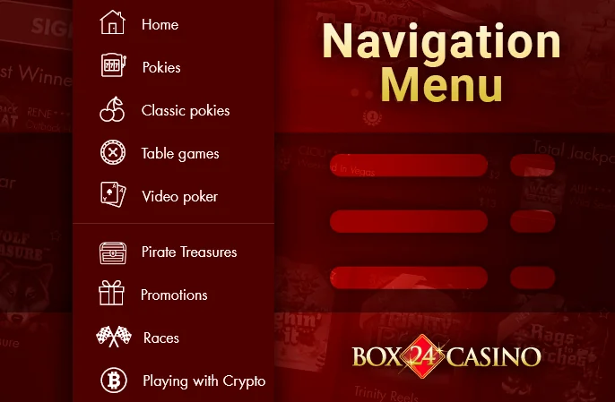 Navigation menu on the site Box24 casino - orientation on the site