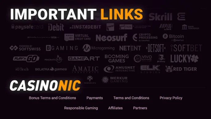 The bottom of the site Casinonic with important links and logos casino providers