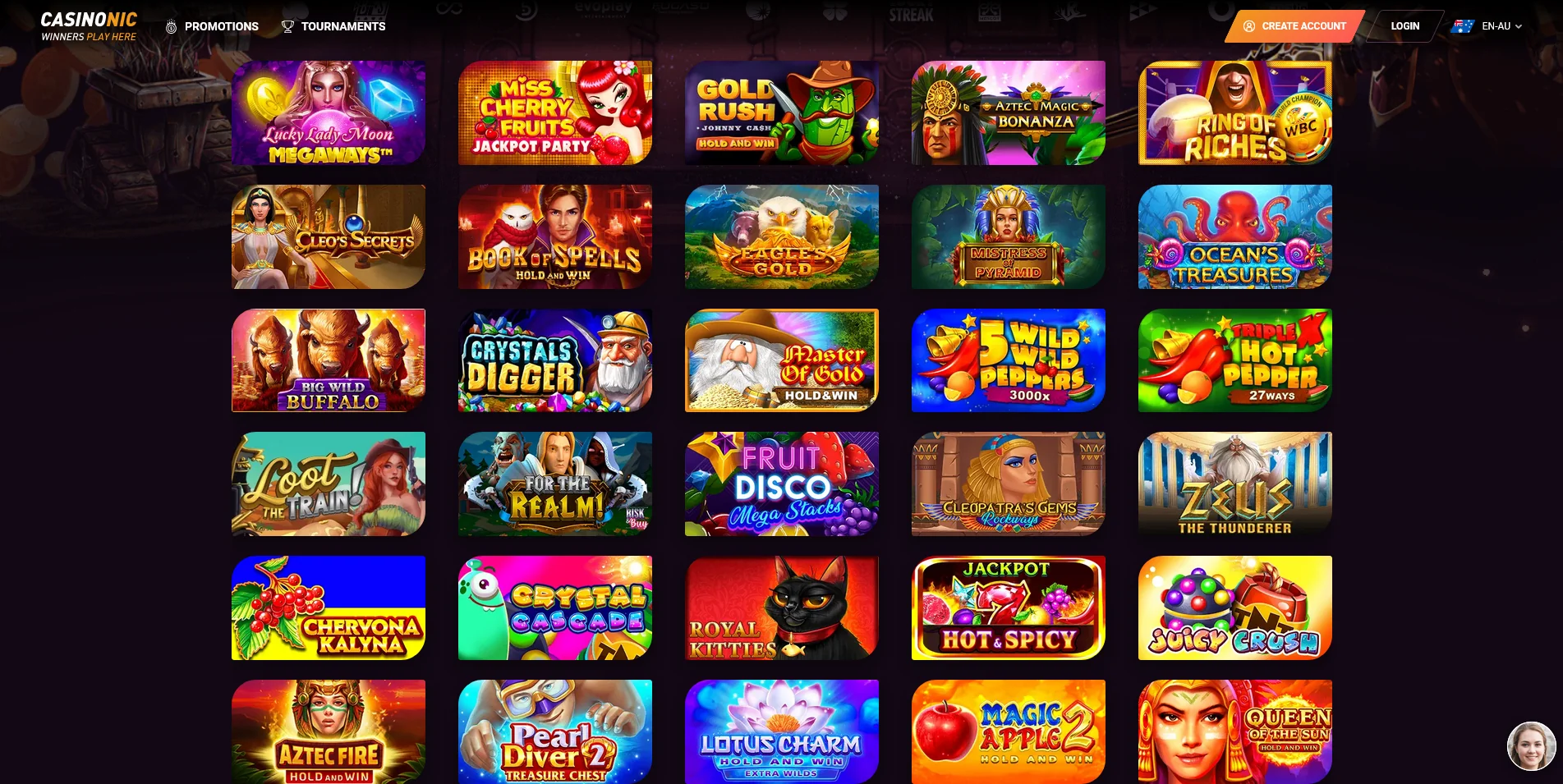 Screenshot of the Casinonic real money Game section