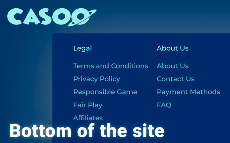 alt="Bottom of the Casoo Casino website with important links"