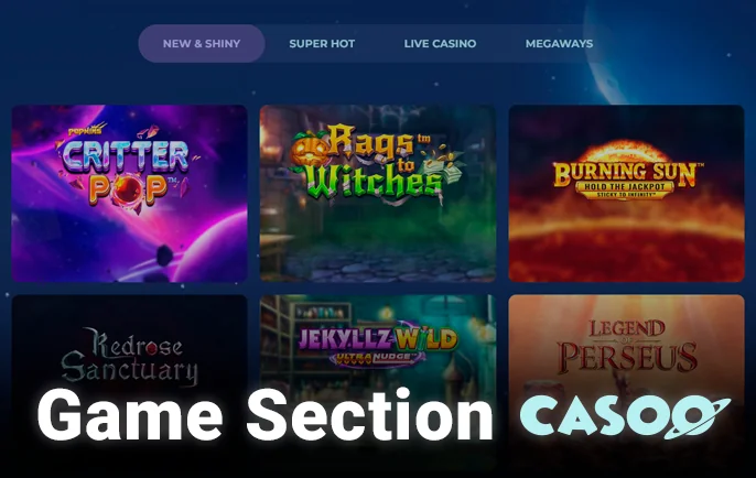 Casoo Casino website gaming section with categories