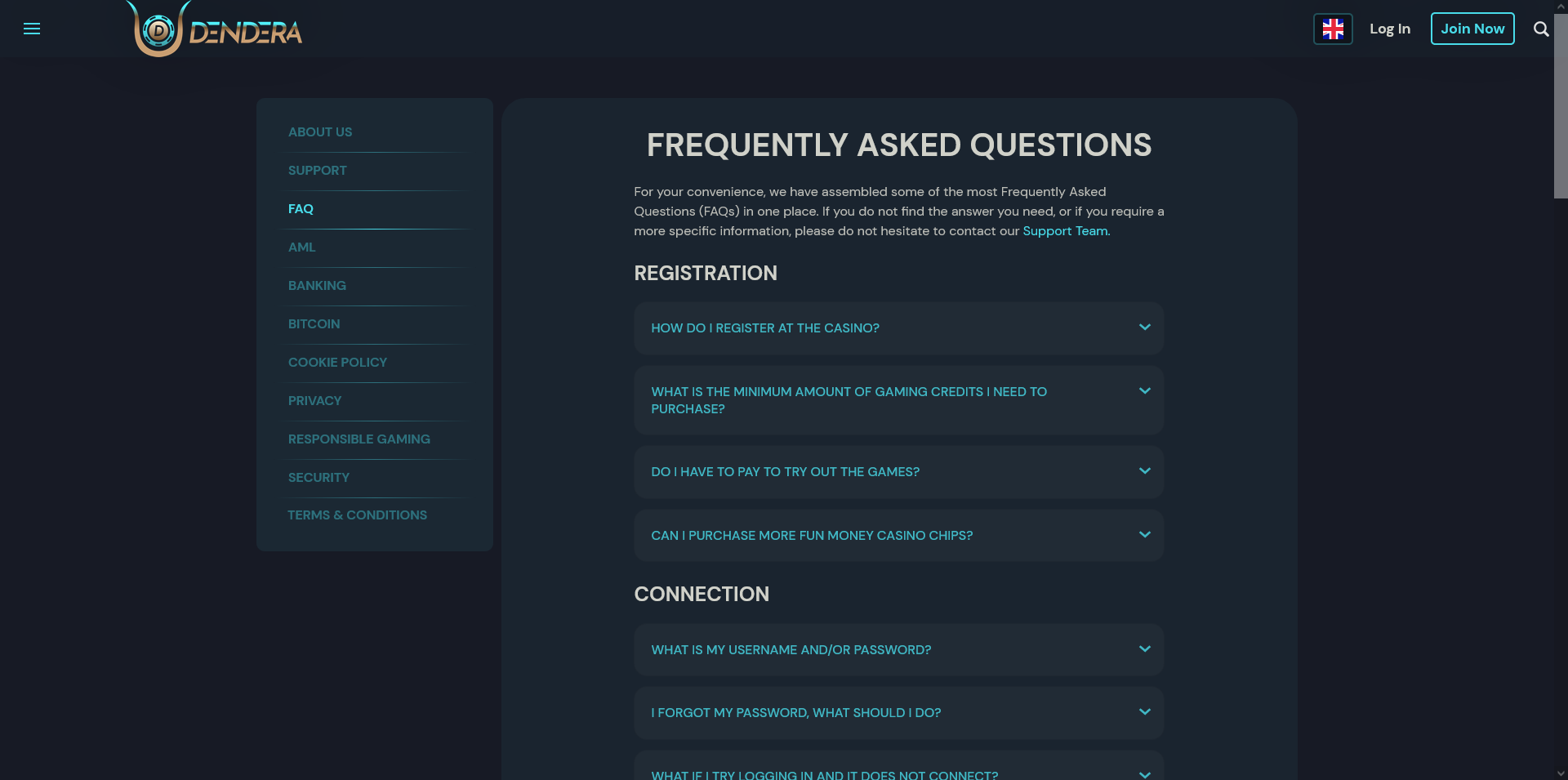 Screenshot of the Dendera Casino FAQ page