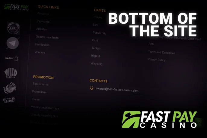 Bottom of the FastPay Casino website with important links and information