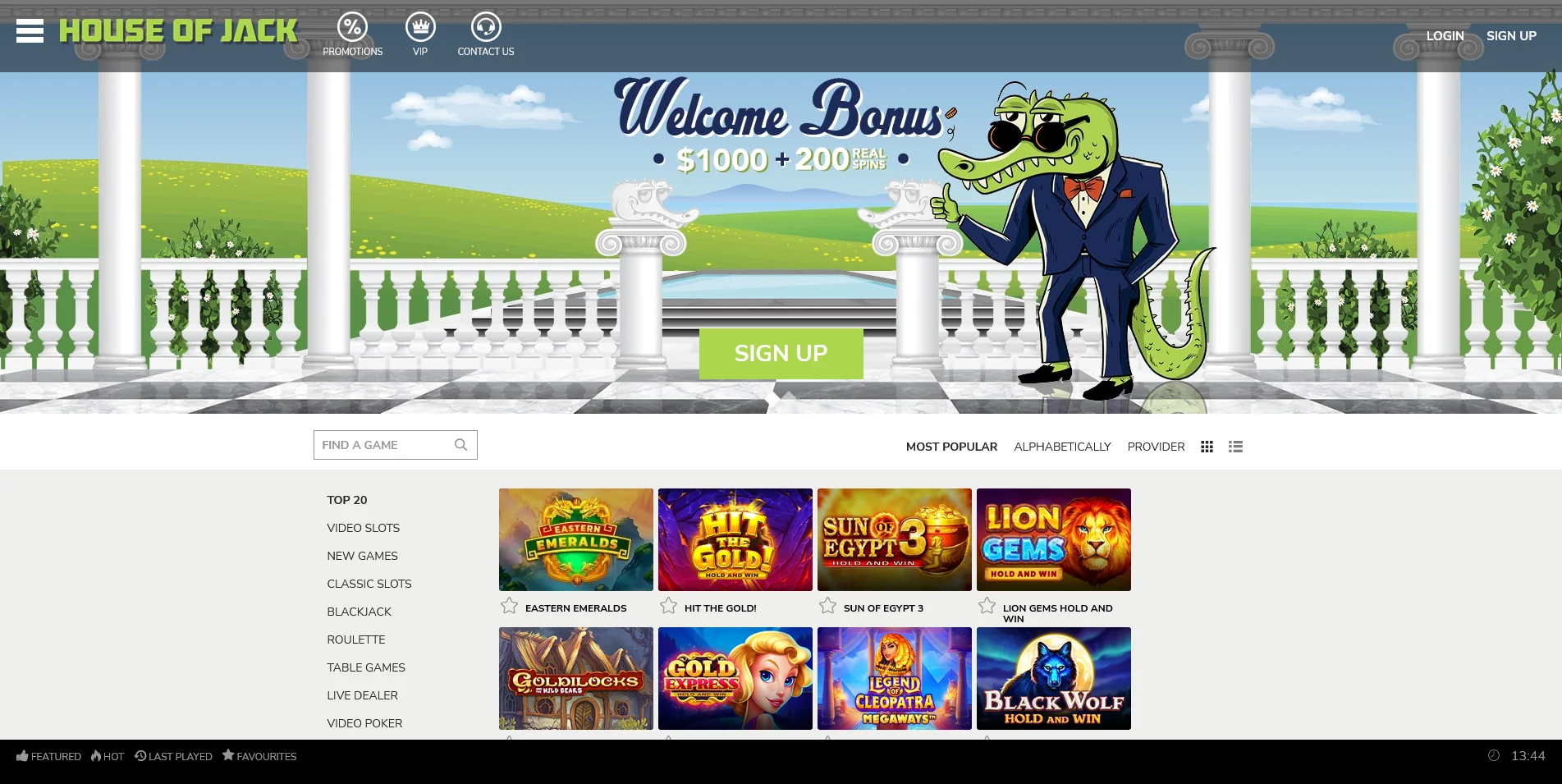 Screenshot of the House of Jack Casino home page