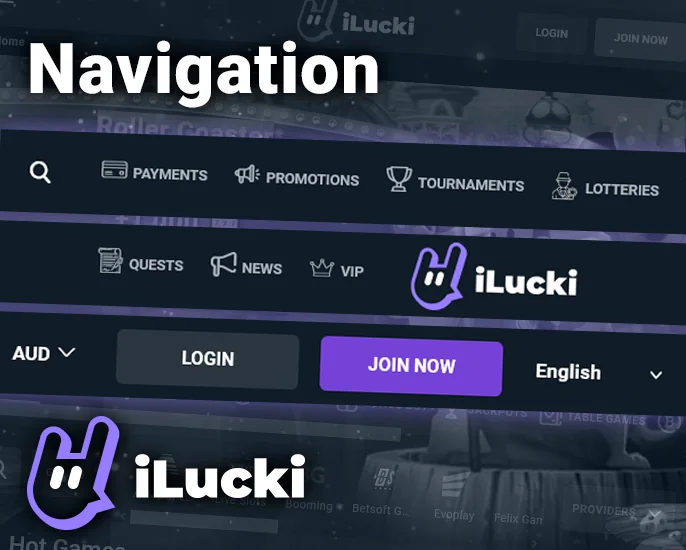 Navigation menu of iLucki Casino site with login and language change buttons