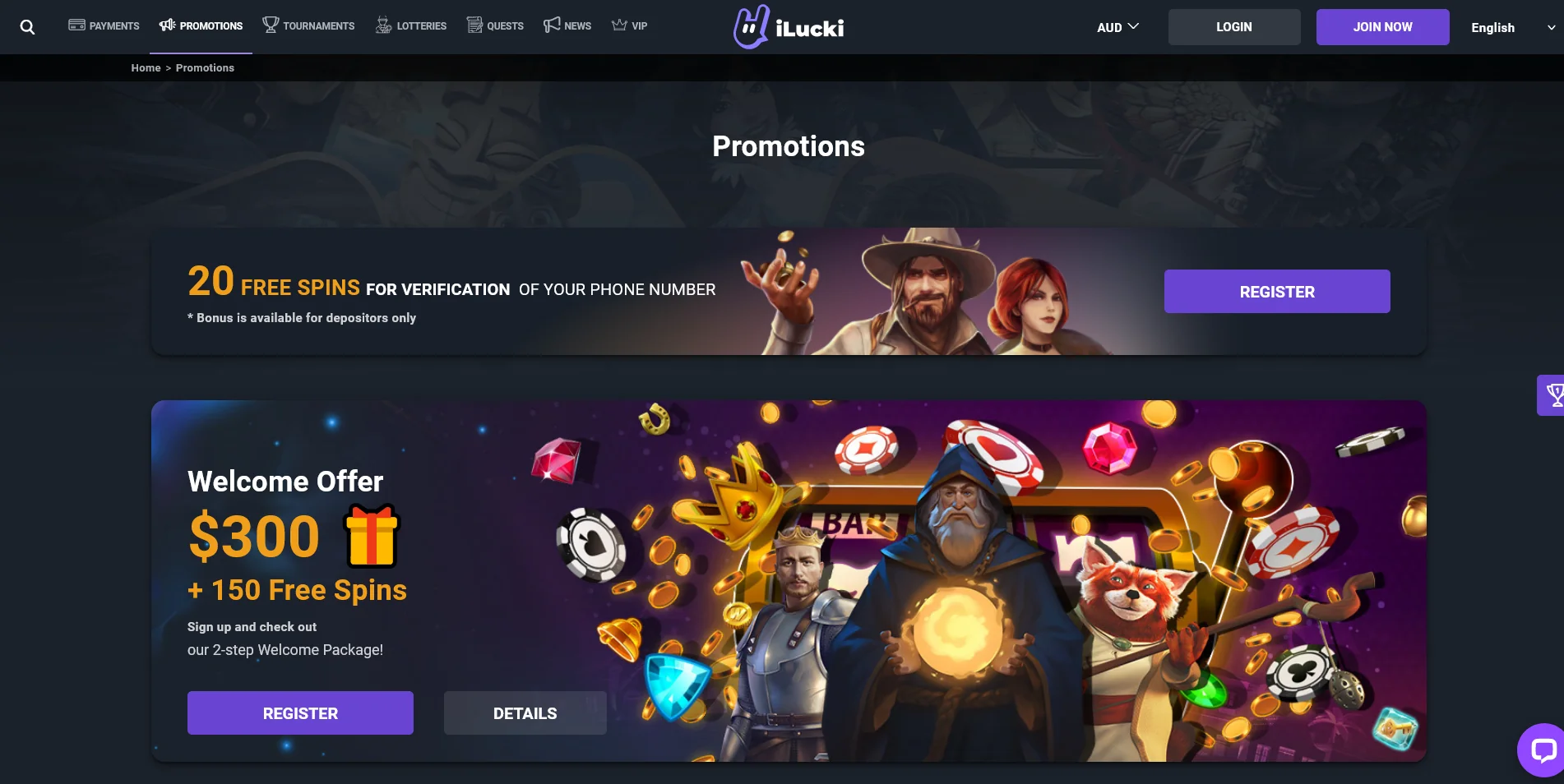 Screenshot of the iLucki Casino promotions page