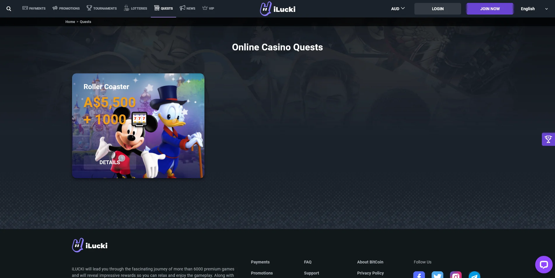 Screenshot of the iLucki Casino Quest info page