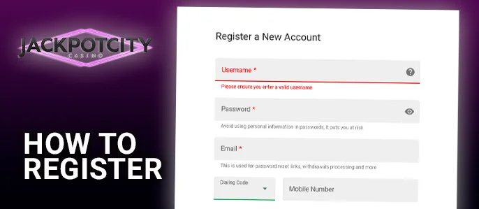 Jackpot City registration form - the instructions for registration