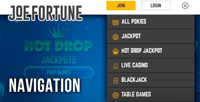 Joe Fortune Casino site menu - navigate the site