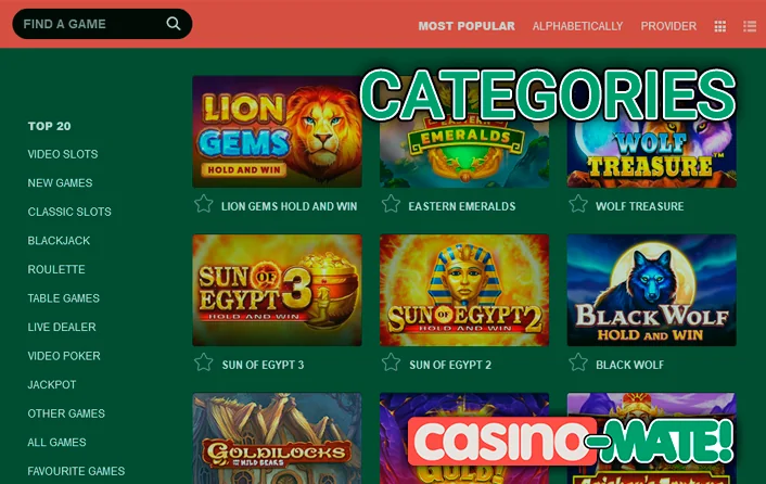 Gaming section at Casino Mate - games and categories