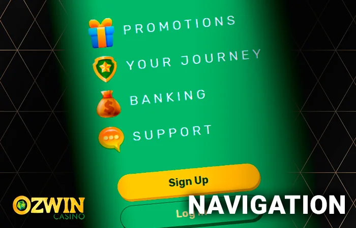 Navigation menu on the Ozwin Casino website