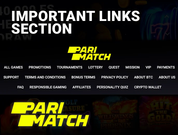 Important links to navigate the Parimatch Casino site - where to look for information