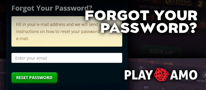 PlayAmo Casino account password recovery form with personal data